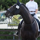 A sleek black horse wearing a well-fitted bridle and saddle with a woof wear digit dressage number holder