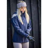 Navy blue waterproof woof wear season yard glove jacket with gray shoulders and white zipper trim for all seasons