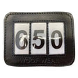 Black leather woof wear bridle number holder with embossed branding and three clear windows showing number 650