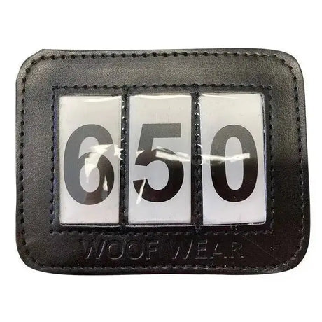 Black leather woof wear bridle number holder with embossed branding and three clear windows showing number 650