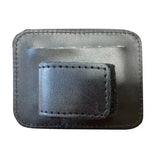 Black leather woof wear bridle number holder with stitched edges and textured surface for competition accessories