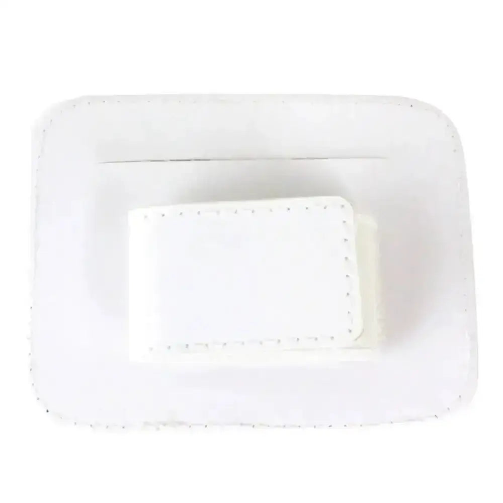 White rectangular adhesive bandage style woof wear bridle number holder with stitched edges for competition accessories