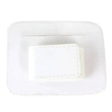 White rectangular adhesive bandage style woof wear bridle number holder with stitched edges for competition accessories