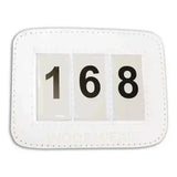 White leather style woof wear bridle number holder with black 168 numerals for competition accessories