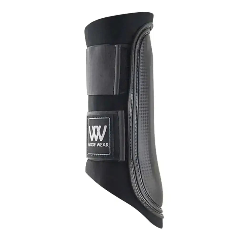 Black woof wear club brushing boots hoof protector with textured reinforced design and branded label