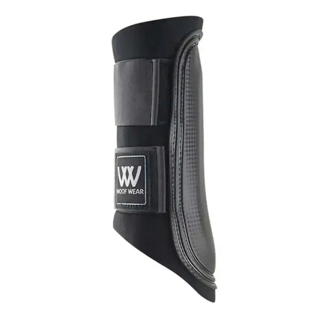 Black woof wear club brushing boots hoof protector with textured reinforced design and branded label