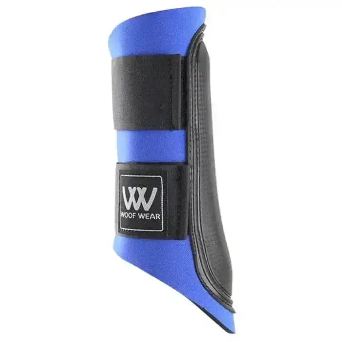 Blue and black woof wear brushing boots with textured design and logo on label perfect for woof wear club matchy matchy