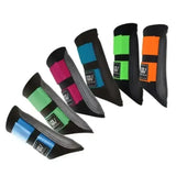 Brightly colored woof wear brushing boots with neon stripes and black gray accents from woof wear club matchy matchy set