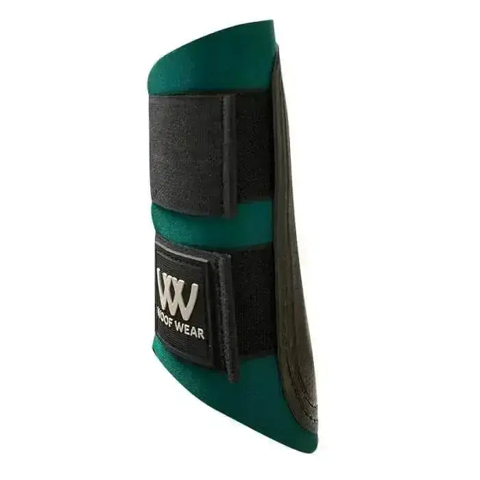Emerald green woof wear brushing boots with black velcro straps and branded patch from woof wear club matchy matchy set