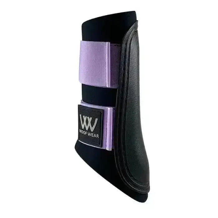 Black horse hoof protector with lavender strap and woof wear label from woof wear club brushing boots matchy matchy set