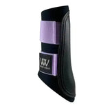 Black horse hoof protector with lavender strap and woof wear label from woof wear club brushing boots matchy matchy set