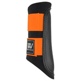 Black and bright orange woof wear club brushing boots with textured black strap and xxv horse wear logo patch