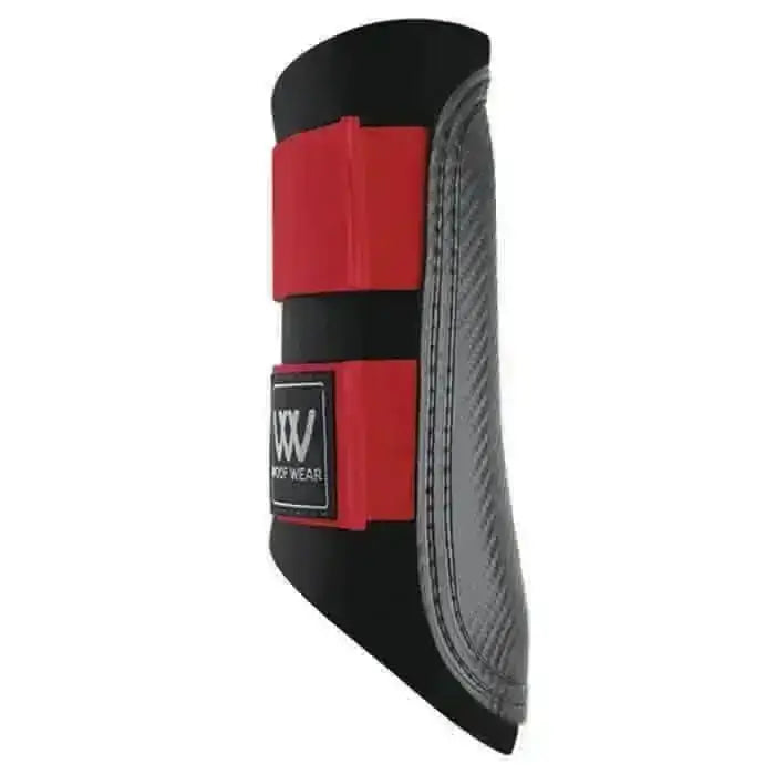 Red and black woof wear club brushing boots with a gray carbon fiber panel for matchy matchy protection