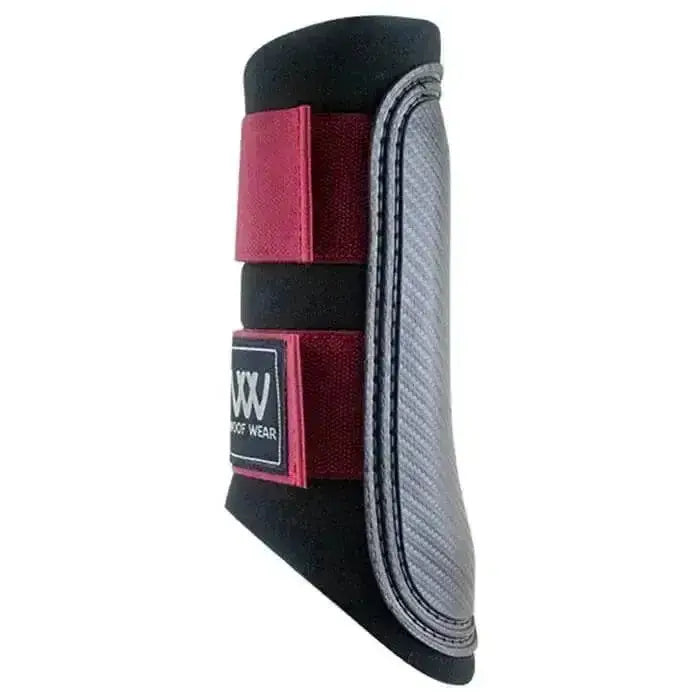 Black and maroon woof wear brushing boots with gray carbon fiber panel from woof wear club brushing boots matchy matchy