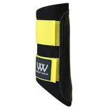 Black and bright yellow woof wear brushing boots with branded patch perfect for woof wear club matchy matchy style
