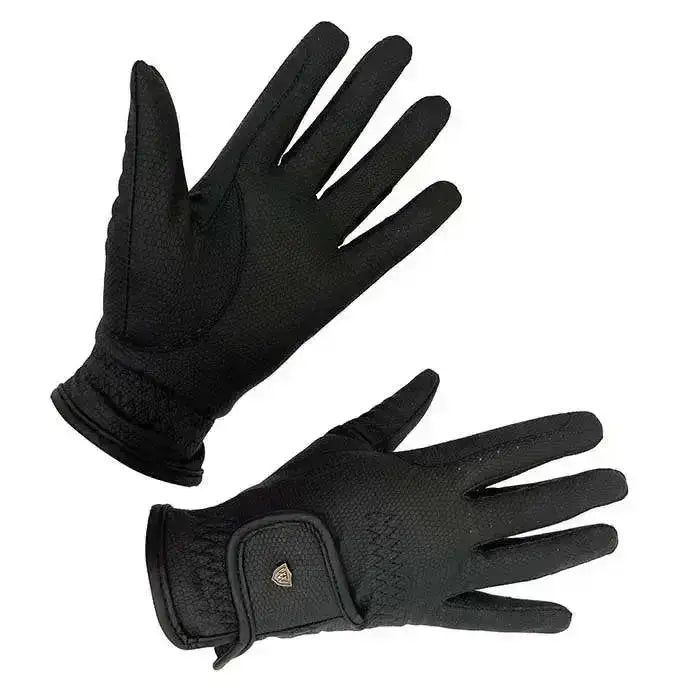 Black woof wear competition glove with textured fabric and metallic emblem that delivers grip for riding use
