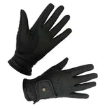 Black woof wear competition glove with textured fabric and metallic emblem that delivers grip for riding use