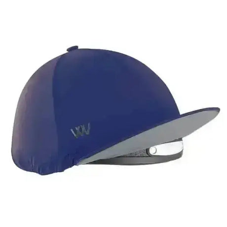 Navy blue woof wear convertible hat cover with gray brim and adjustable strap system for riding helmets