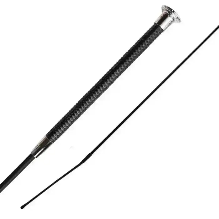 Black carbon fiber woof wear diamond dressage whip with silver metal ferrule and embossed faux leather grip