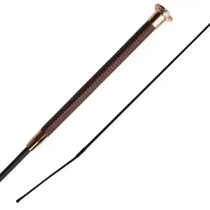 Brown textured embossed faux leather woof wear diamond dressage whip with polished brass ferrule and black shaft