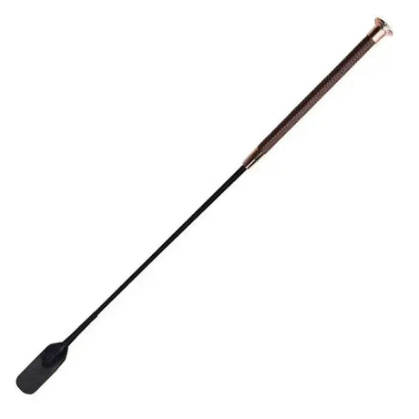 Black woof wear diamond riding whip with textured grip and metallic ferrule for dressage use