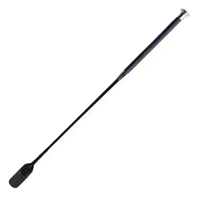 Black leather woof wear diamond riding whip with textured grip and silver metal tip for dressage use