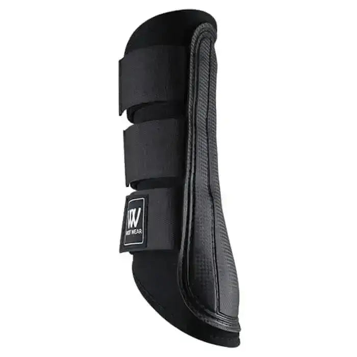 Black horse hoof protector with three adjustable velcro straps and textured side panel from woof wear double lock brushing boots