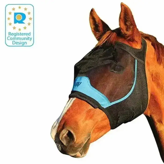 Black and light blue mesh woof wear fly mask without ears with adjustable straps using latest fabric technology
