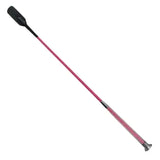 Pink woof wear gel fusion fusion riding whip with black handle and silver ferrule for equestrian use