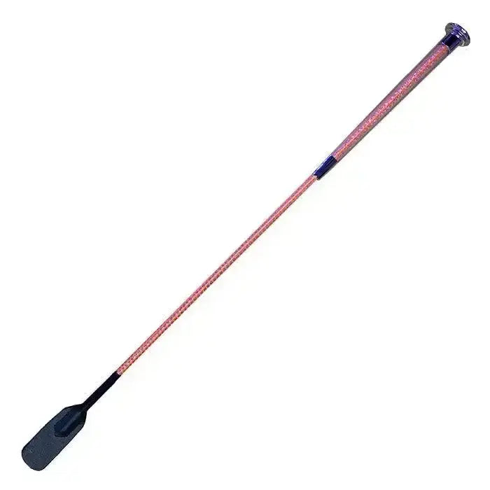 Pink glittery woof wear gel fusion riding whip with black handle and dark blue accents for equestrian use