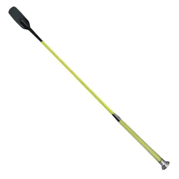 Bright lime green woof wear gel fusion riding whip with black handle and silver metallic tip for equestrian use