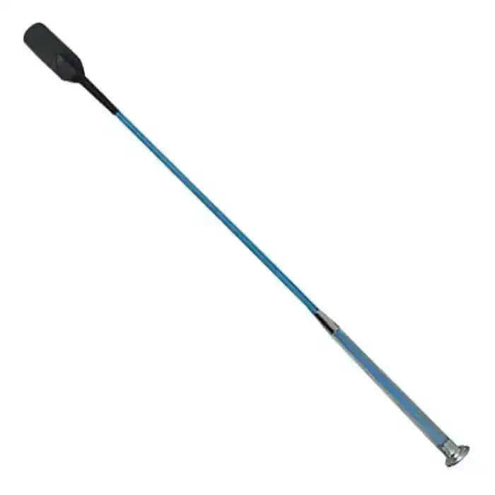 Blue woof wear gel fusion fusion riding whip with black handle and silver ferrule for equestrian use