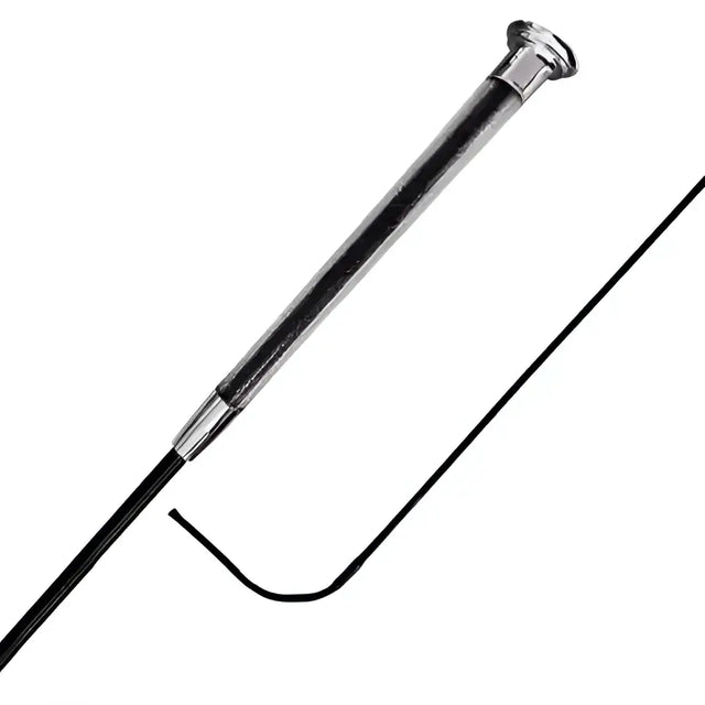 Silver-tipped woof wear gel handled dressage whip with sleek metal handle and black textured grip for precise riding