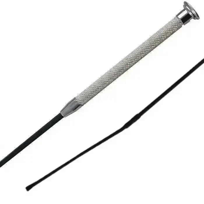 Silver textured grip woof wear glitz dressage whip with black shaft and stunning glass crystals tip