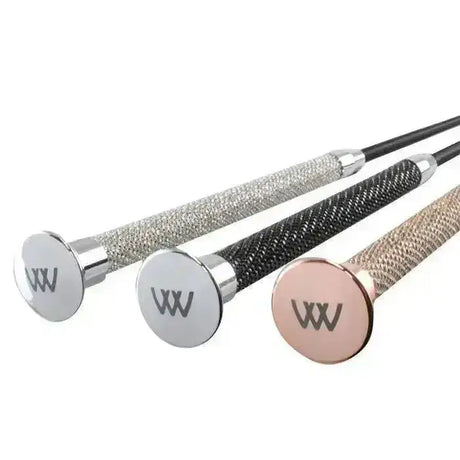 Three woof wear glitz dressage whips with silver black beige handles and stunning glass crystals on polished end caps
