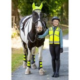 A black and white horse wearing bright green woof wear vis riding vest with zipped pockets and pointed ear flaps