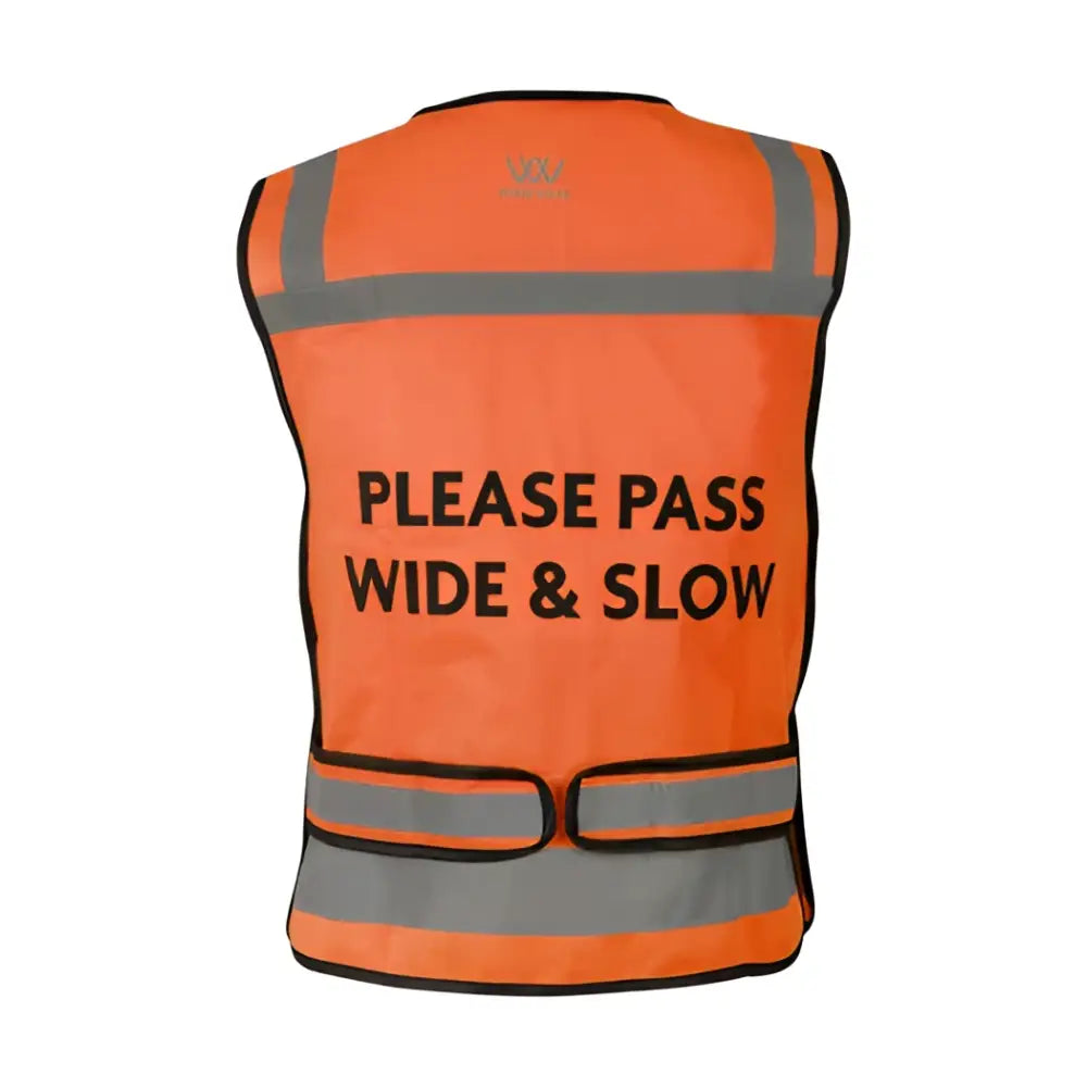 Back of bright orange woof wear vis riding vest with reflective stripes black text and zipped pockets visible