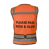 Back of bright orange woof wear vis riding vest with reflective stripes black text and zipped pockets visible