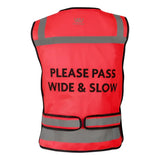 Bright red woof wear vis riding vest back view with reflective stripes black please pass wide and slow text and zipped pockets