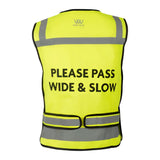Back of woof wear hi vis riding vest in bright yellow with reflective stripes black text and zipped pockets