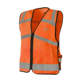 Bright orange woof wear hi vis riding vest with reflective gray stripes black trim and zipped pockets for safety