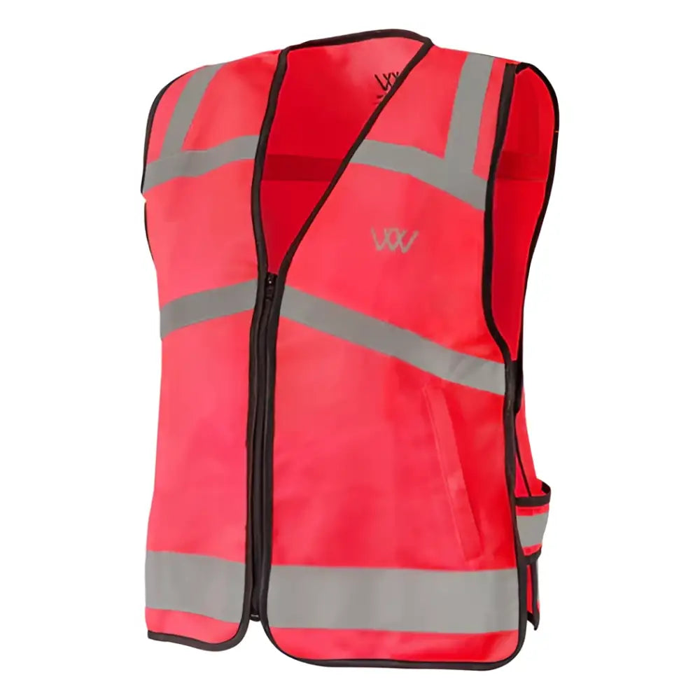 Bright red woof wear vis riding vest with reflective gray stripes black trim and front zipper closure with zipped pockets