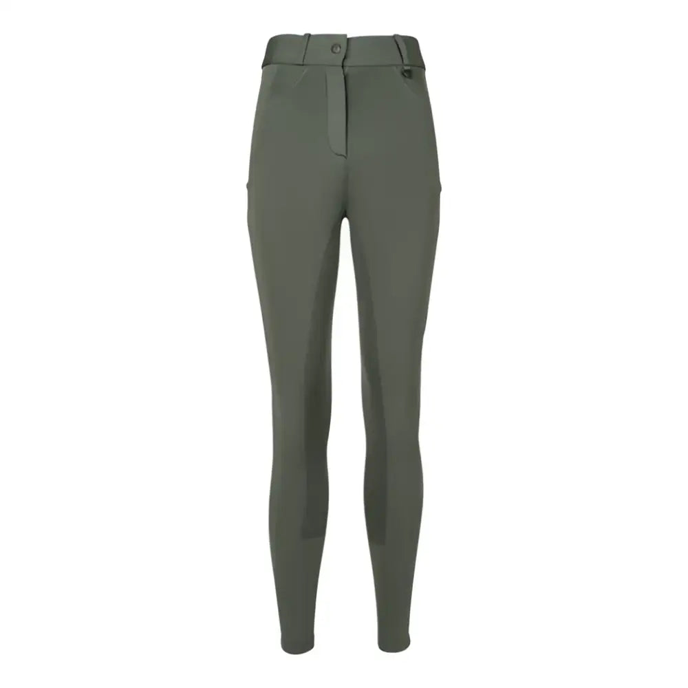 A pair of olive green woof wear hybrid ii riding breeches with a fitted silhouette and subtle stitching details