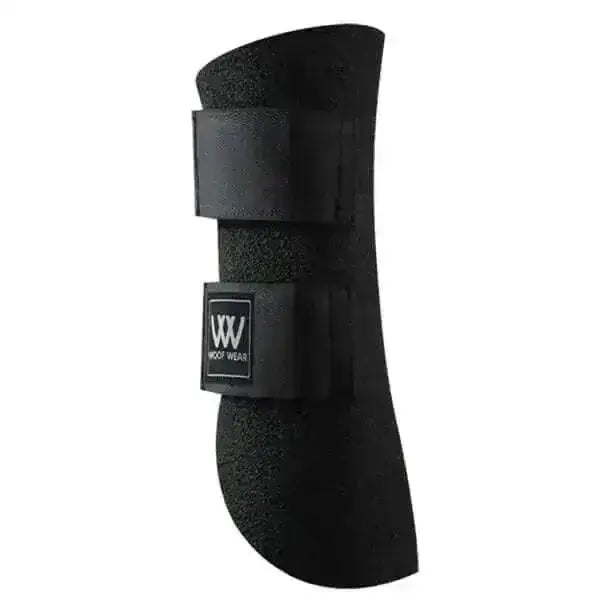 Black padded woof wear kevlar exercise boots with adjustable straps and branded logo patch for hoof protection