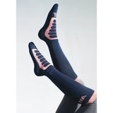 Dark blue woof wear long bamboo tech riding sock with pink reinforced arch and toe panels and subtle logo on foot
