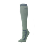 Light green woof wear long bamboo tech riding sock with dark gray arch and heel reinforcement and subtle logo near top