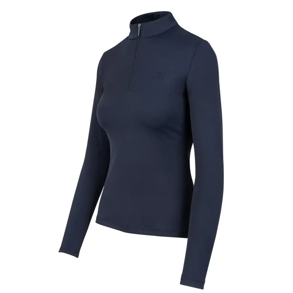 Navy blue woof wear long sleeve tech riding shirt with half zip and subtle embroidered logo for iflex pro use