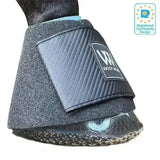 Black carbon fiber-patterned woof wear medical boot with textured gray fabric and close fitting hoof boot design