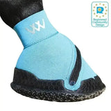 Light blue and black woof wear medical boot with side zipper and silver w logo close fitting hoof boot