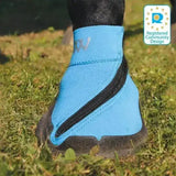 Light blue neoprene woof wear medical boot with black zipper and silver logo designed as a unique close fitting hoof boot
